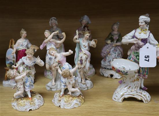 A group of nine Continental porcelain figures tallest 21cm